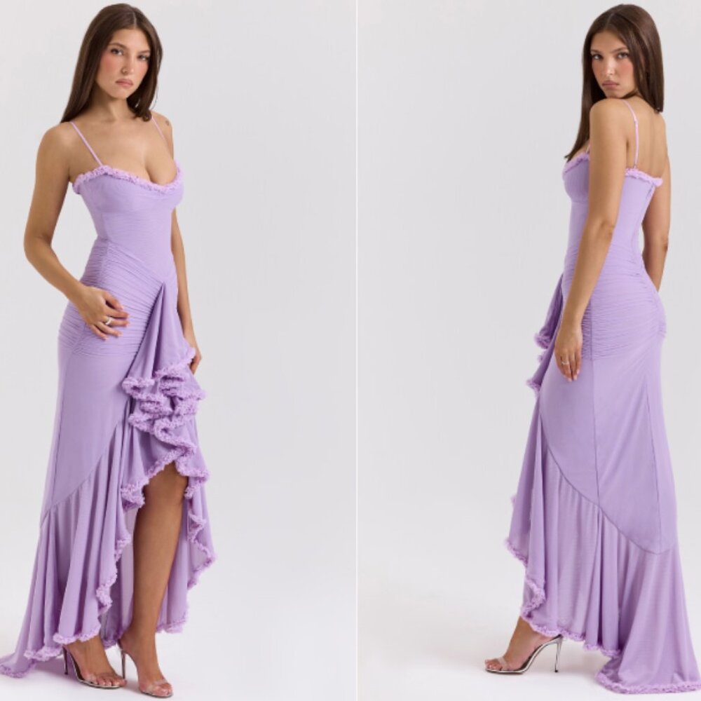 House of CB 'Gabbi' Orchid Mesh Ruffled Front Gown NWOT